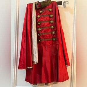Vintage vaudeville circus costume red satin with cape and gold buttons